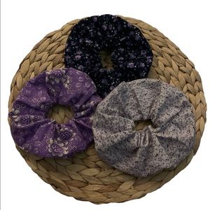 3 Pack HAIR SCRUNCHIES ~ Purple floral fabric, Hair Tie hair band